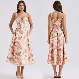 HOUSE OF CB 'Carmen' Pink Peony‎ Print Cotton Bustier Sundress NWOT Size M A-C